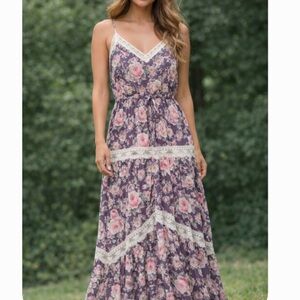 Lina Brand Romantic Pink Floral Lace-Trim Maxi Dress